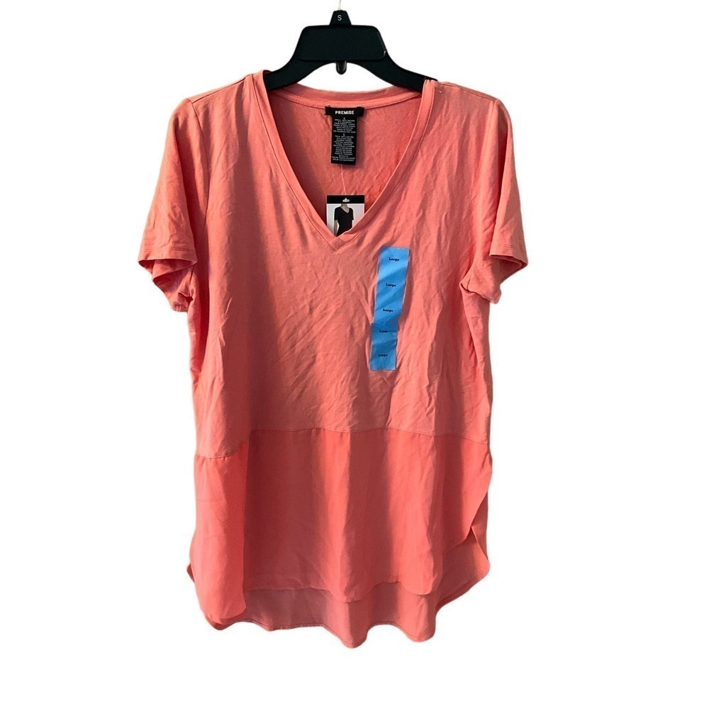 Premise Top Women Large Peach Rayon Stretch Classic V-Neck Short Sleeve Pullover